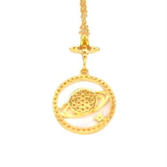 Gold dainty rhinestone Saturn planet pendant necklace - Picture 4 of 5